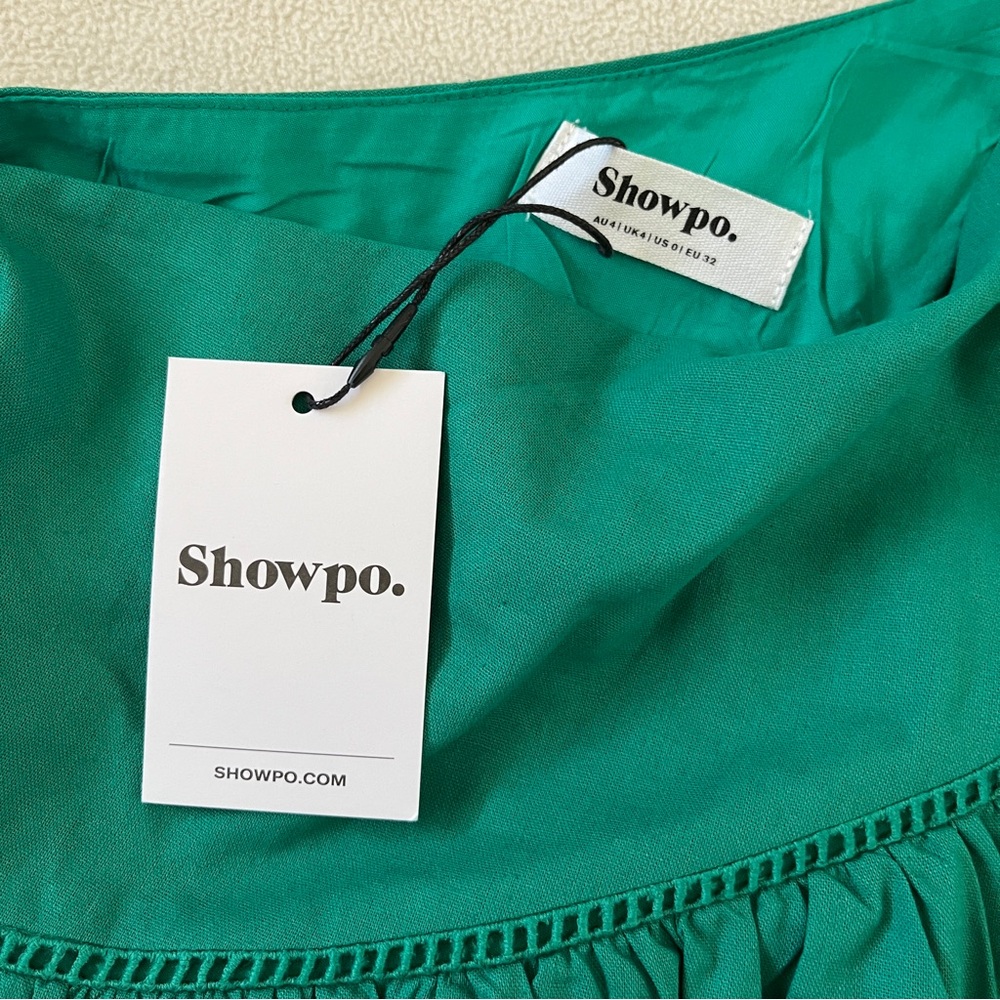 NEW ShowPo Harleen Asymmetrical Puff Sleeve Mini Dress Green Wedding Party Derby - Picture 5 of 11